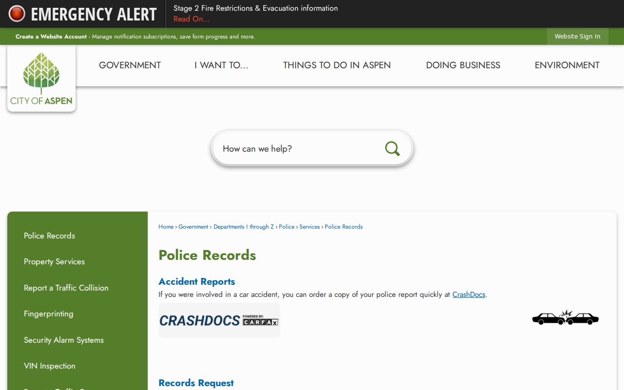 Pitkin County Aspen criminal history police records page