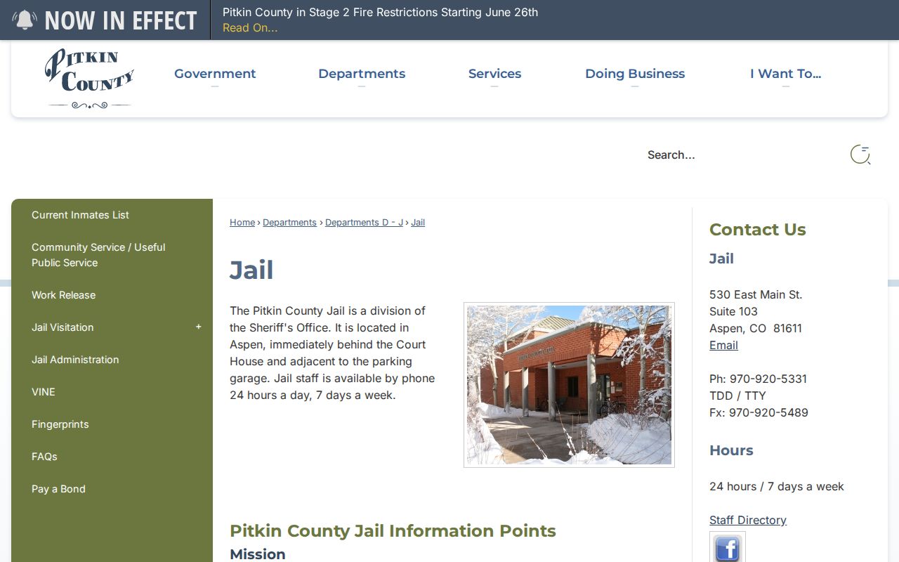 Official Pitkin County Jail information page for arrest and custody records