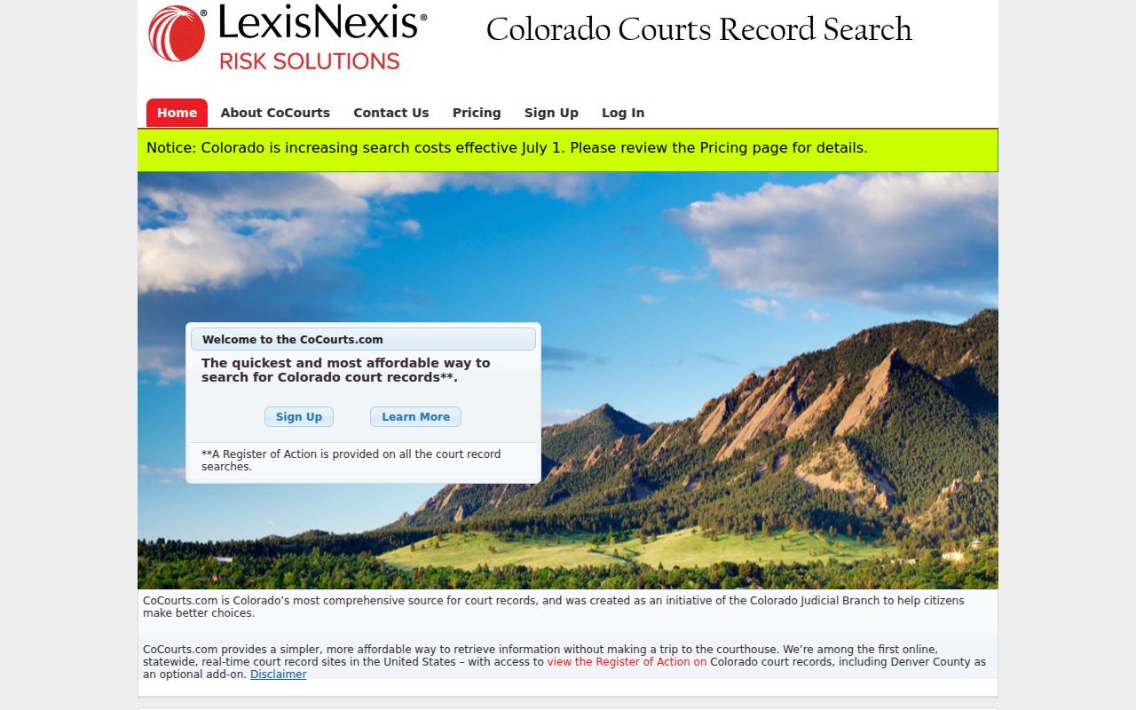 CoCourts statewide court record search screen used for Pitkin County case research